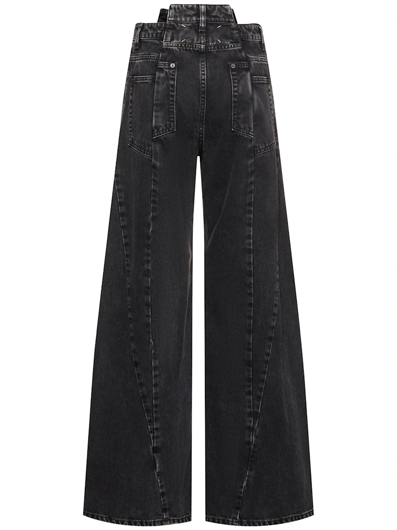 Asymmetric wide leg cotton denim jeans