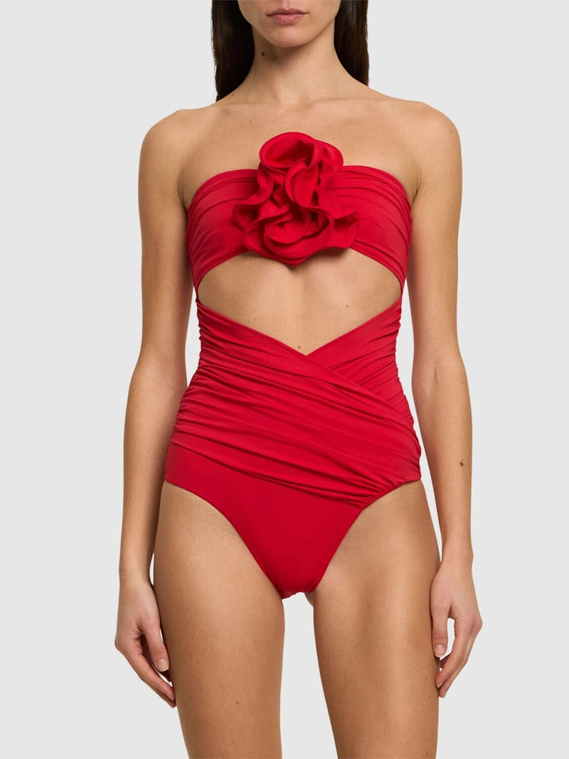 Jersey draped one piece swimsuit w/ rose
