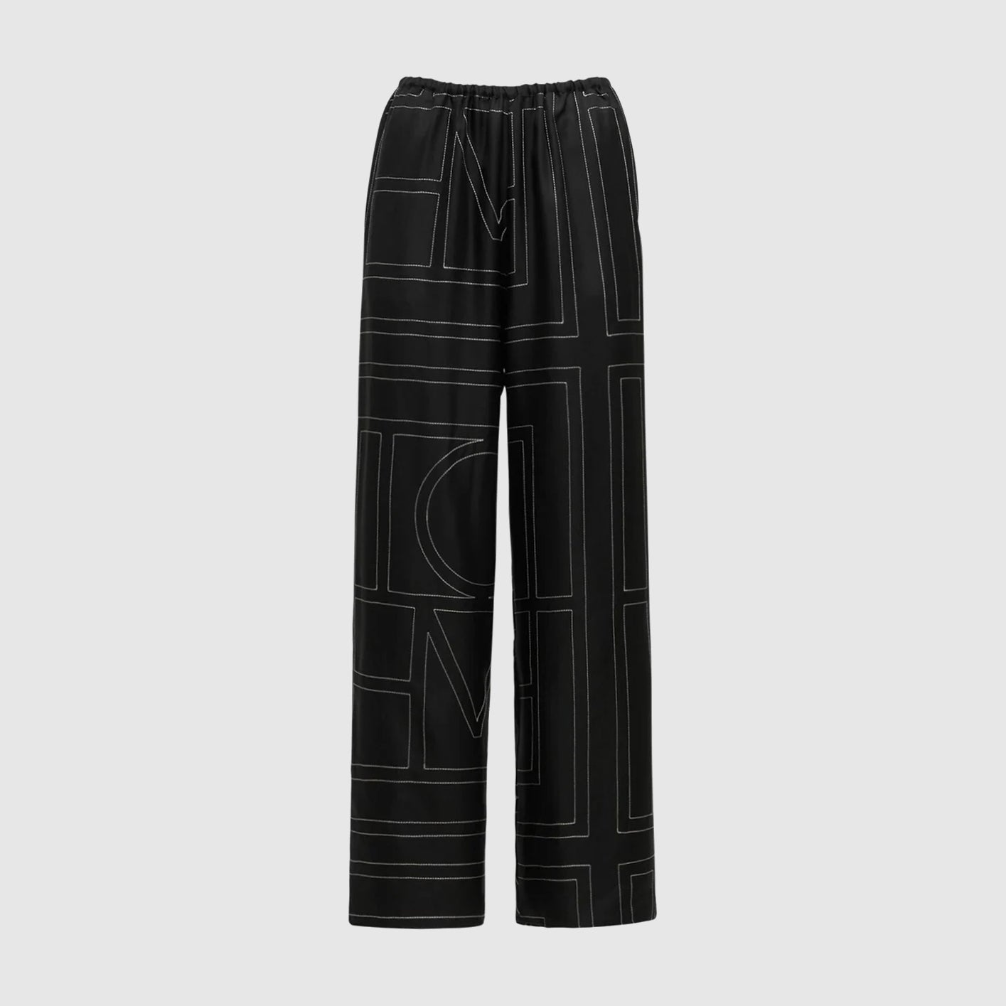 Monogram embroidered black silk pants