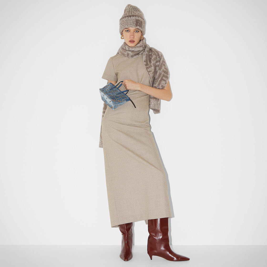 Mini Roll Light blue FF jacquard velvet mini bag