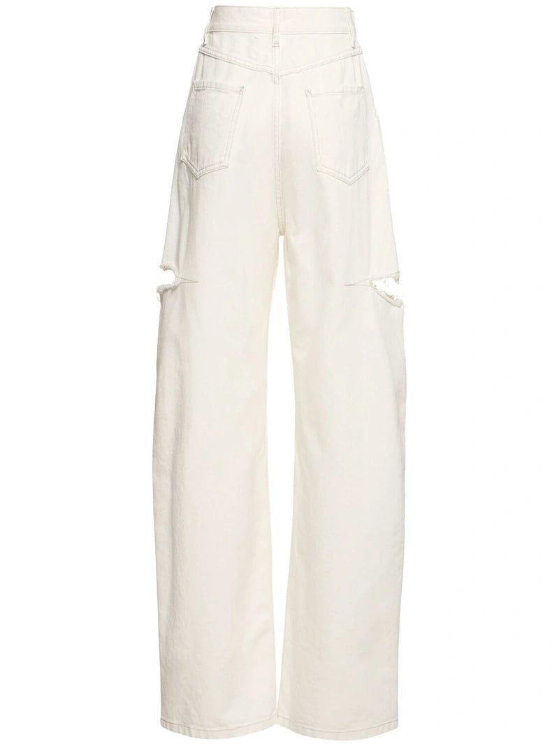 High rise denim straight jeans w/ cuts